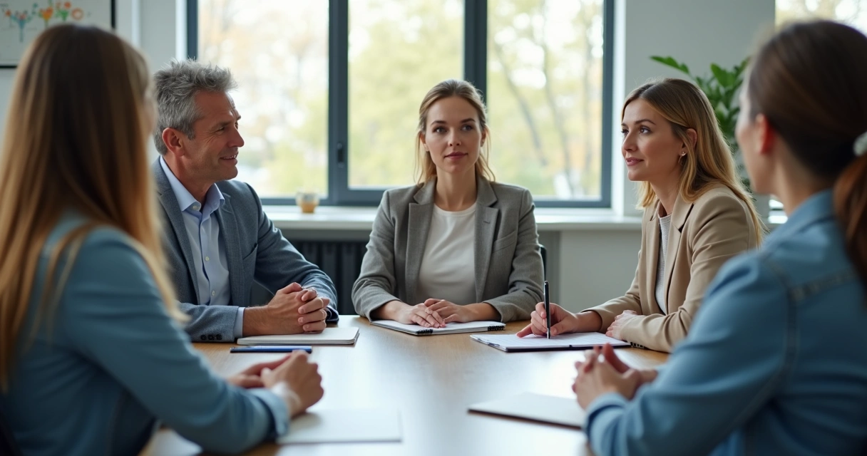 Small team in a quiet meeting room during a reflective conflict conversation 