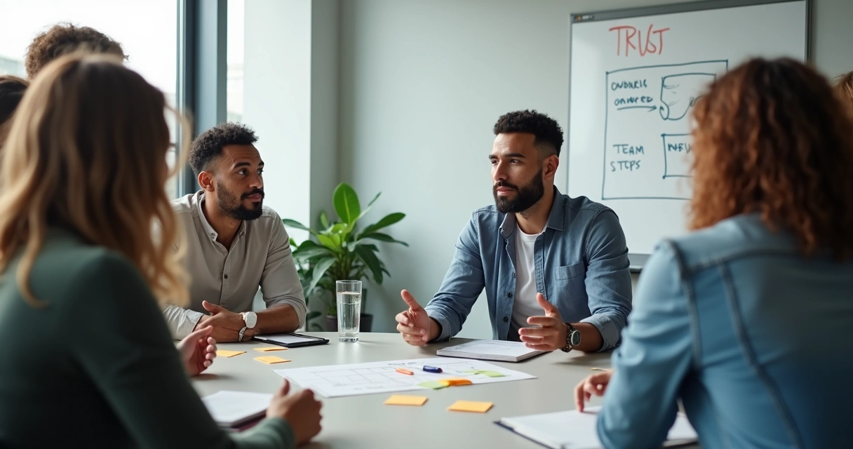Team in a circle meeting repairing relationships after conflict 