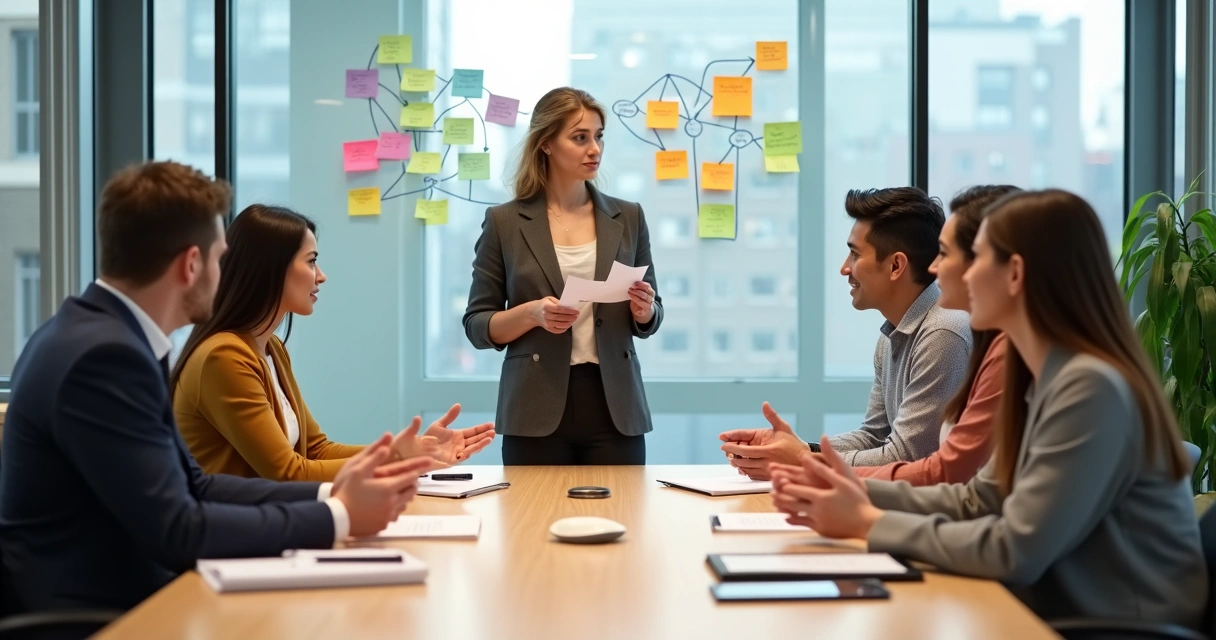 Diverse team in a meeting room guided through conflict resolution by a facilitator 