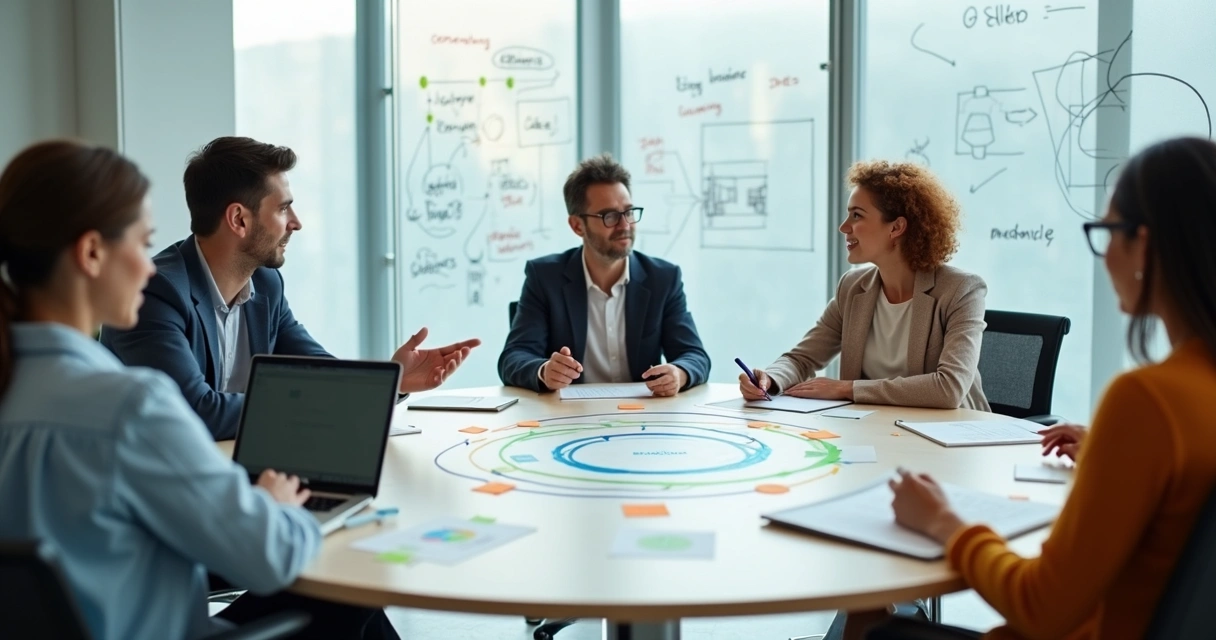 Team around round table with colored threads connecting diagrams 
