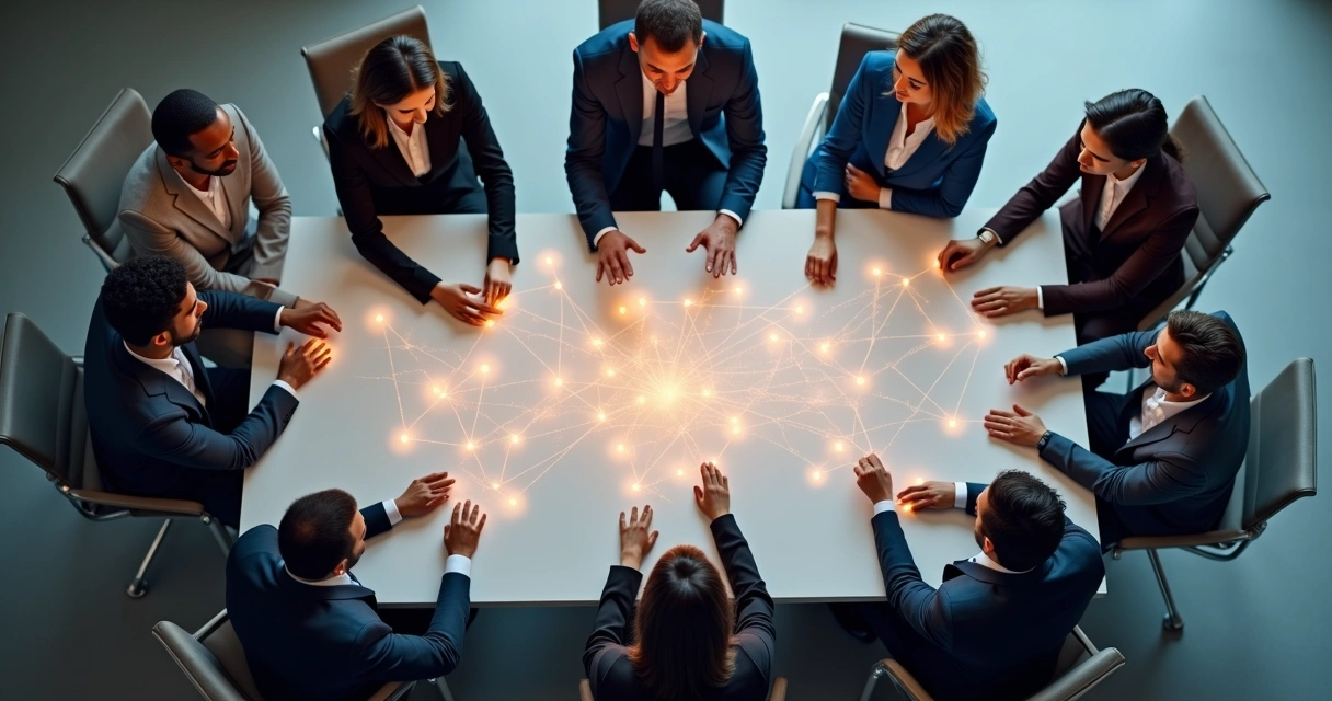 Overhead view of a diverse business team connected by glowing network lines 