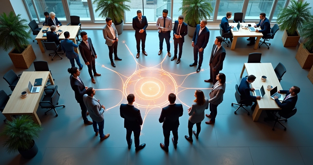 People standing in a circle, connected by lines representing relationships 