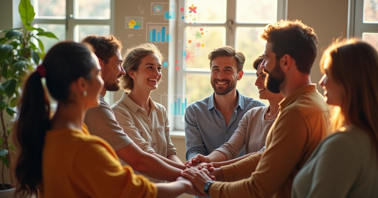 Group of people standing in a circle, hands joined, faces smiling, with transparent charts above them showing connection and shared progress 