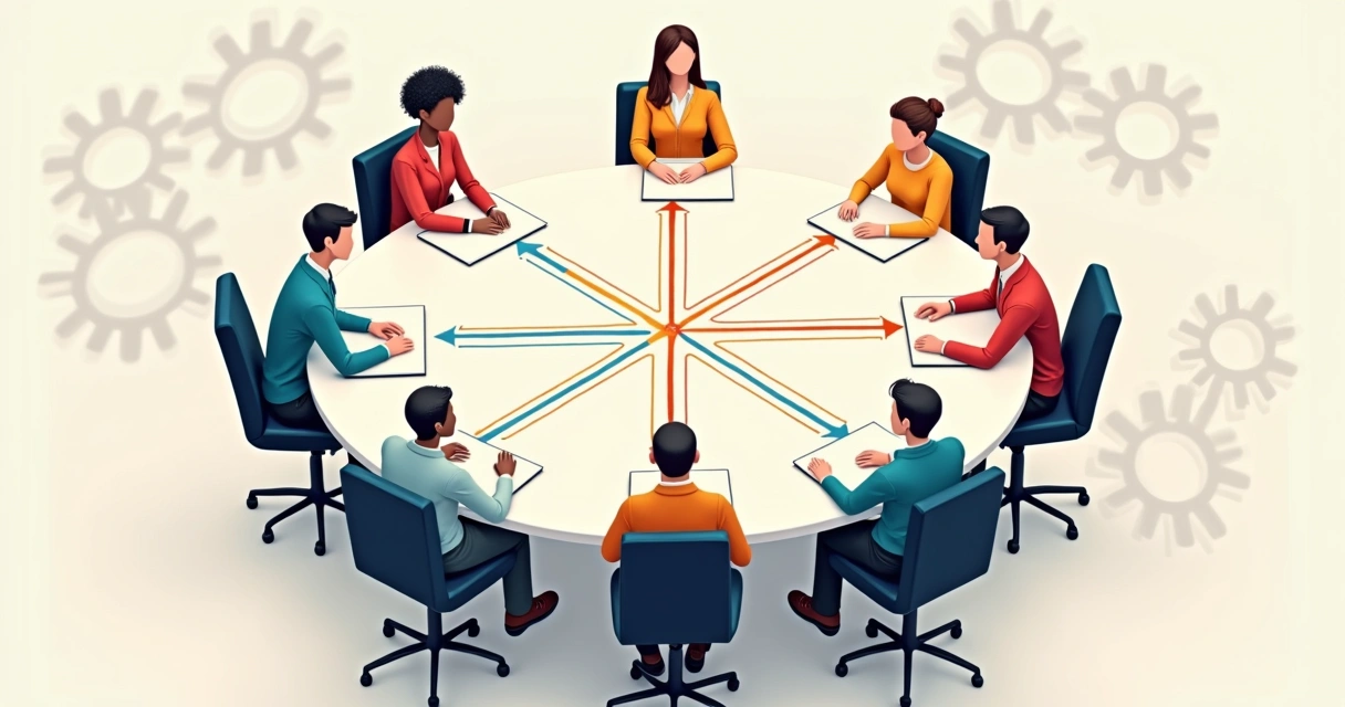 Diagram illustrating interconnected team members and arrows showing relationships