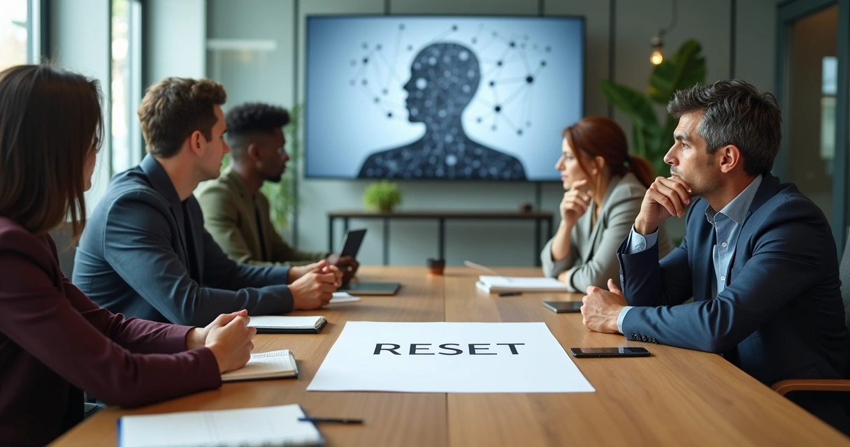 Diverse team in modern office reflecting together around a conference table 