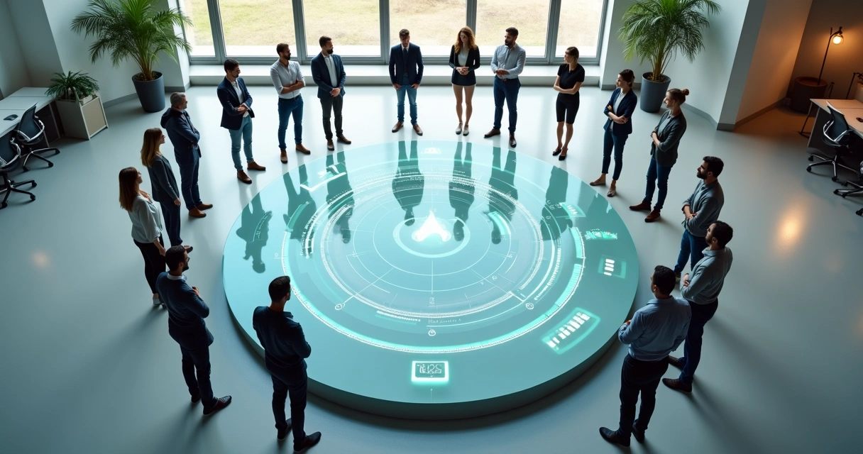 Team viewed from above around a glowing circular dashboard on a glass floor 