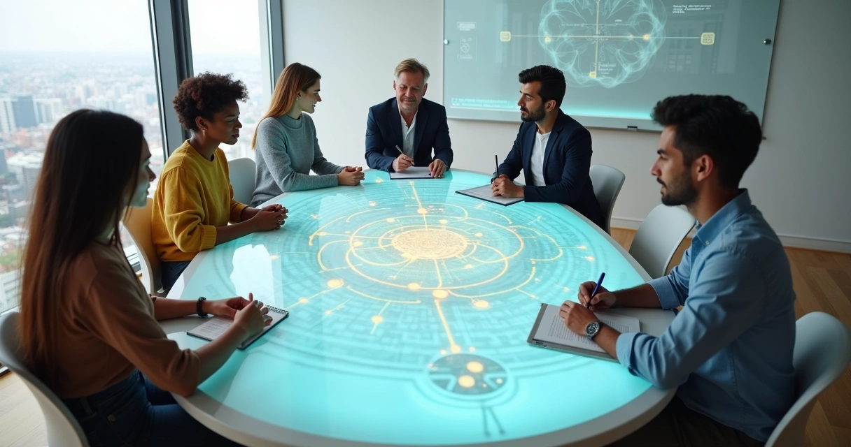 Team around a conference table studying a glowing consciousness map 