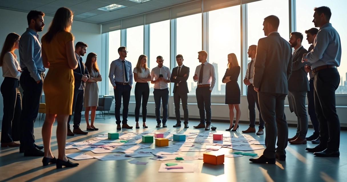People in a meeting room standing around objects on the floor representing team roles and goals.