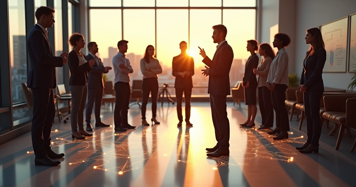 Team in a workshop connected by light lines in a constellation pattern 