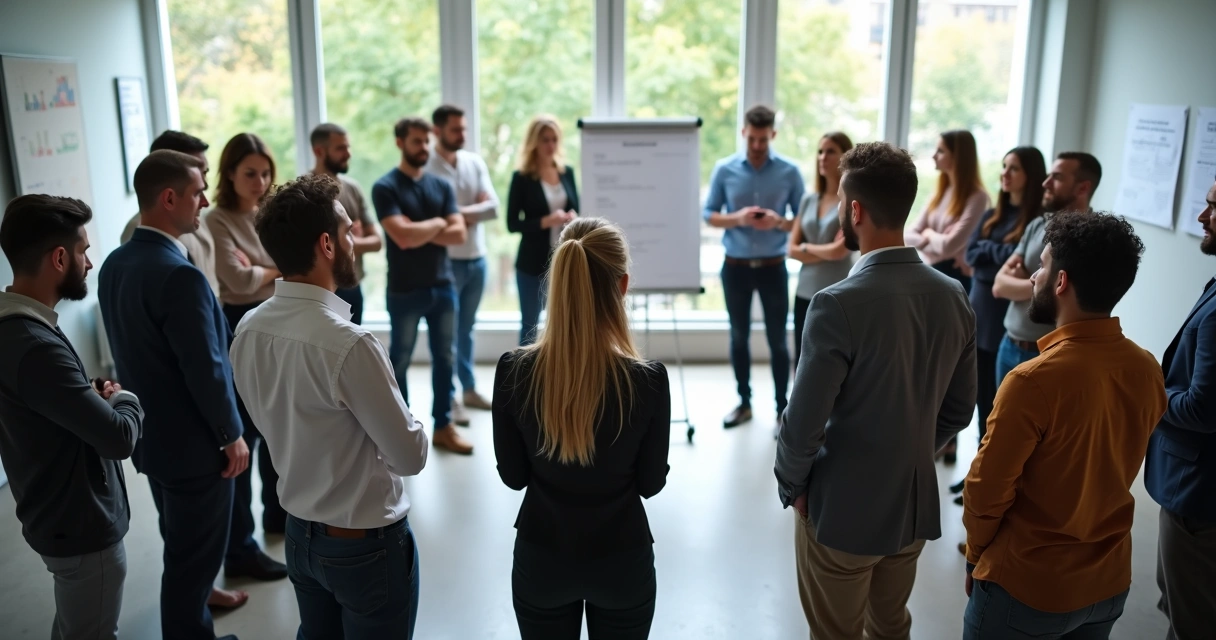 Team participates in group workshop, people arranged in a circle for systemic exercise