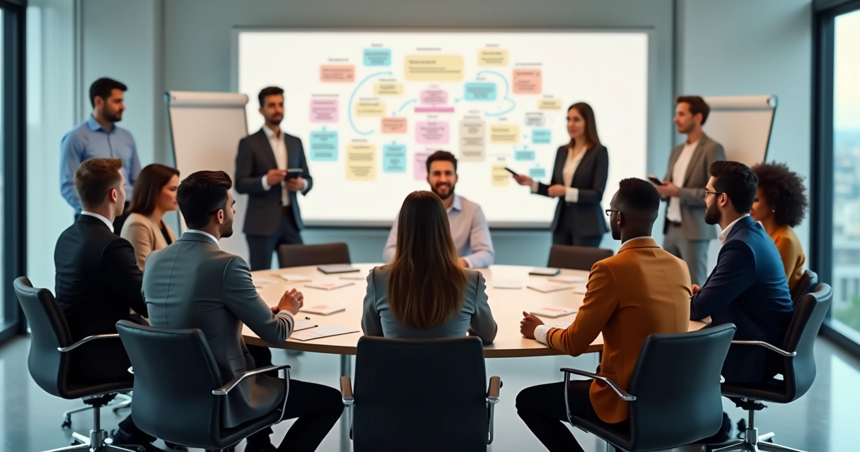 Team members in a workshop setting visualizing their roles in a systemic constellation session 