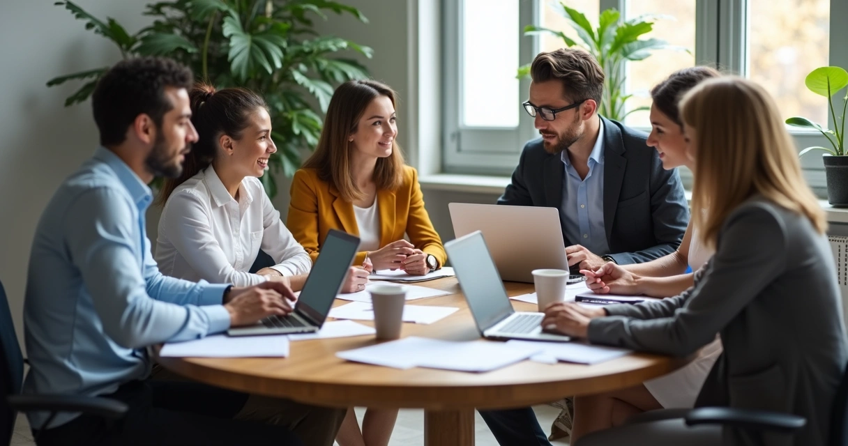Diverse business team discussing a project at a round wooden table 