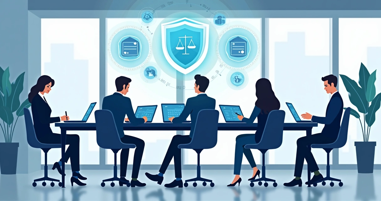 Business team around a conference table, digitally signing contracts on laptops and tablets, legal icons in background. 