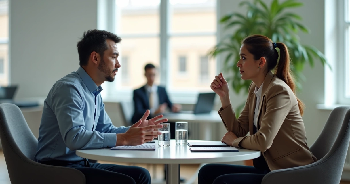 Two coworkers having a calm boundary-setting conversation in an office 