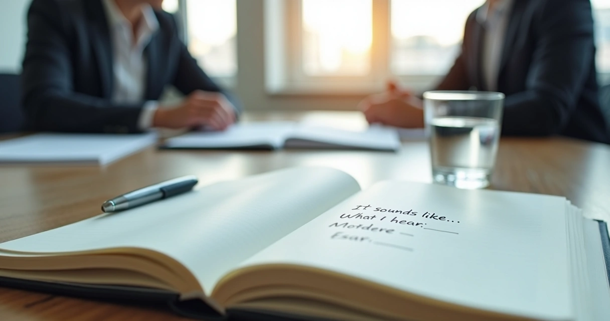 Notebook with listening phrases during a team conversation