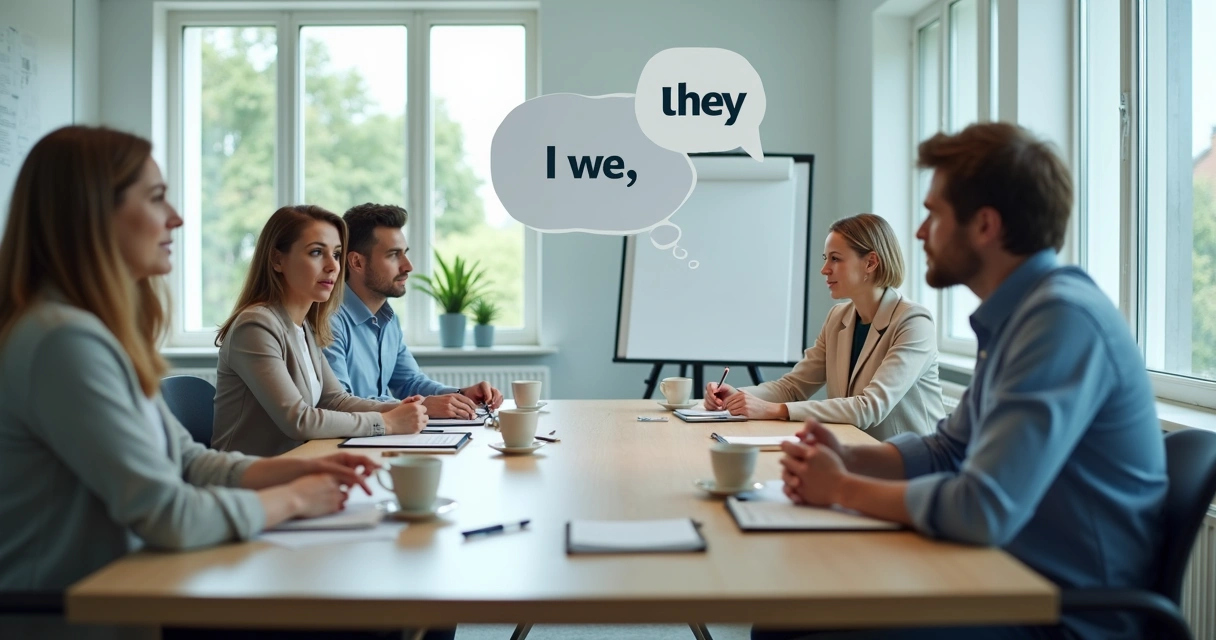 People in a meeting with speech bubbles showing we, I, and they 