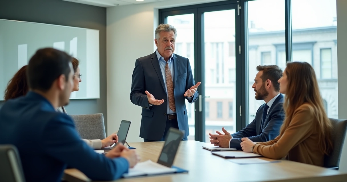 Calm professional leading a focused team conversation 