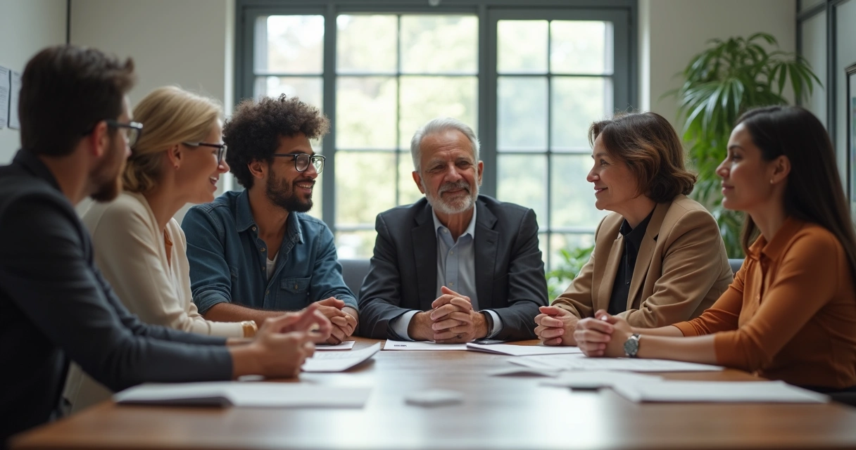 A diverse group of adults working together at a table making a decision, communicating clearly. 