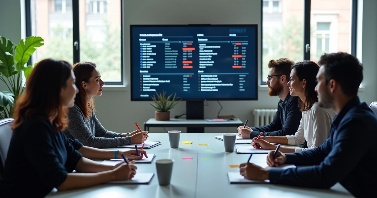 Corporate team collaborating to correct AI-generated content