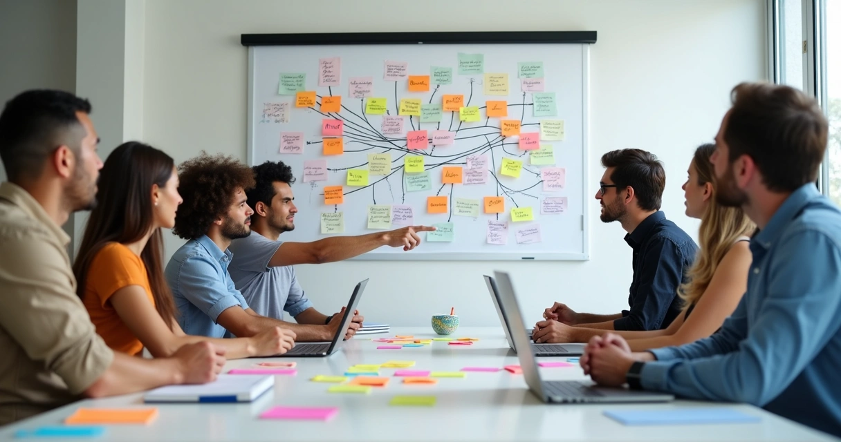 Team creating relationship flow system map together 
