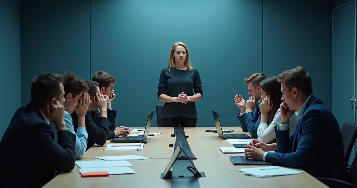 Business team in crisis meeting around table