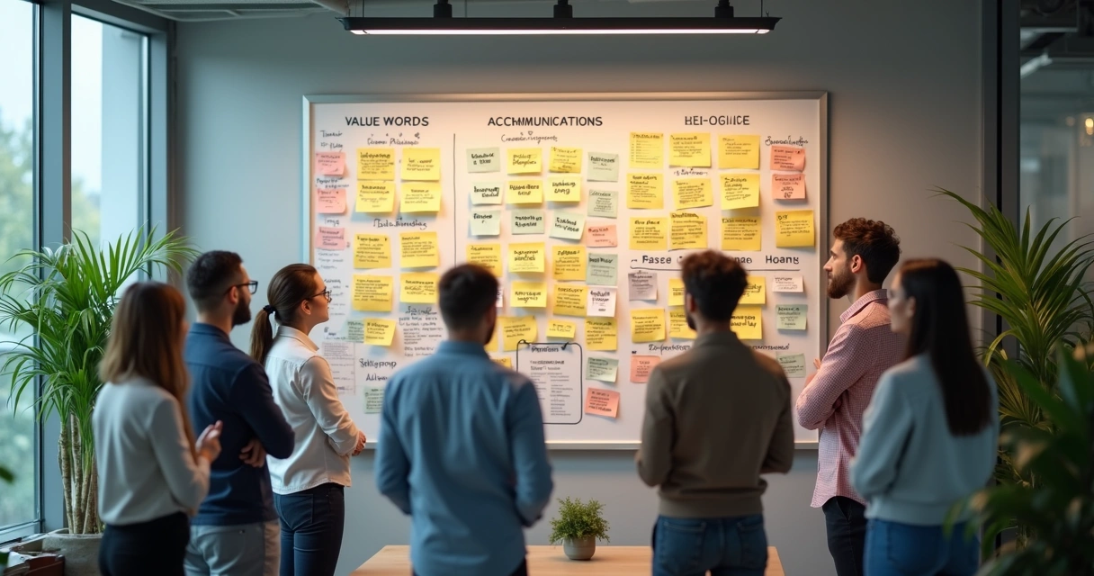 Team workshop with values notes on a board