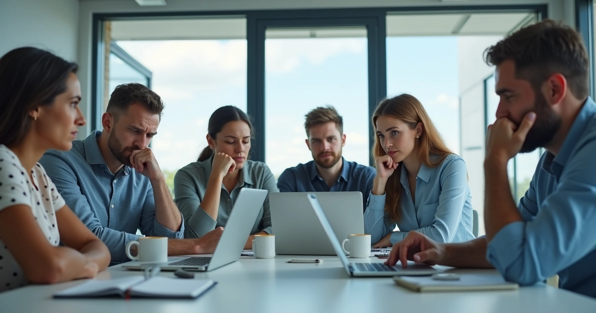 Team sitting in meeting with tired expressions and less engagement 
