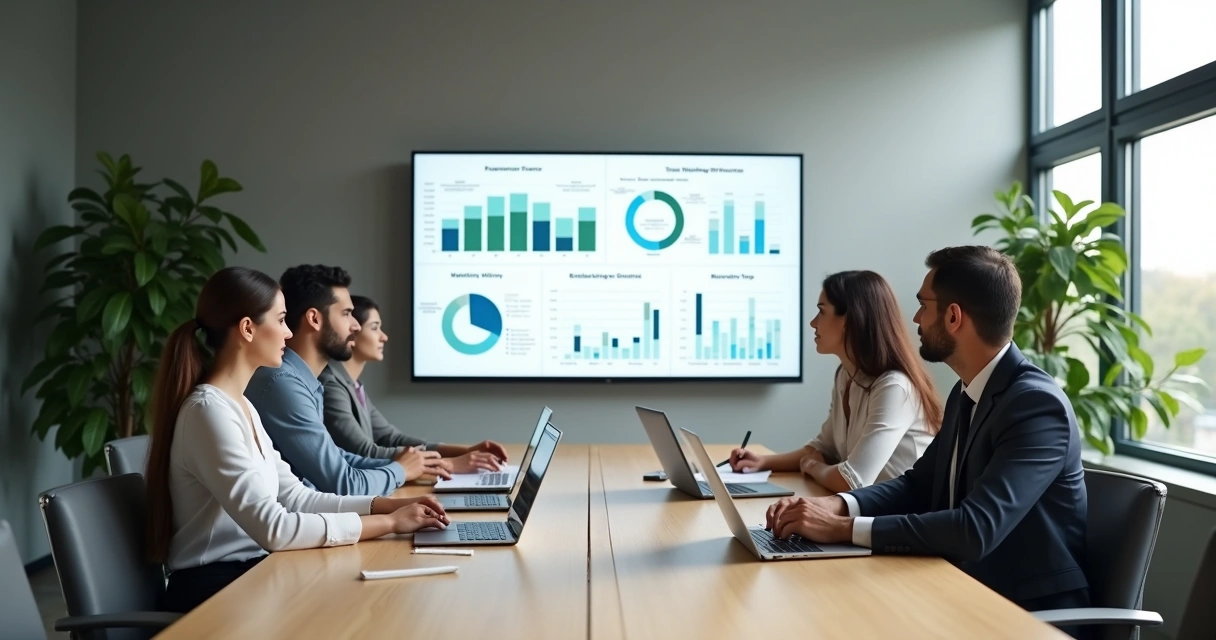 Team reviewing a dashboard in a calm meeting room
