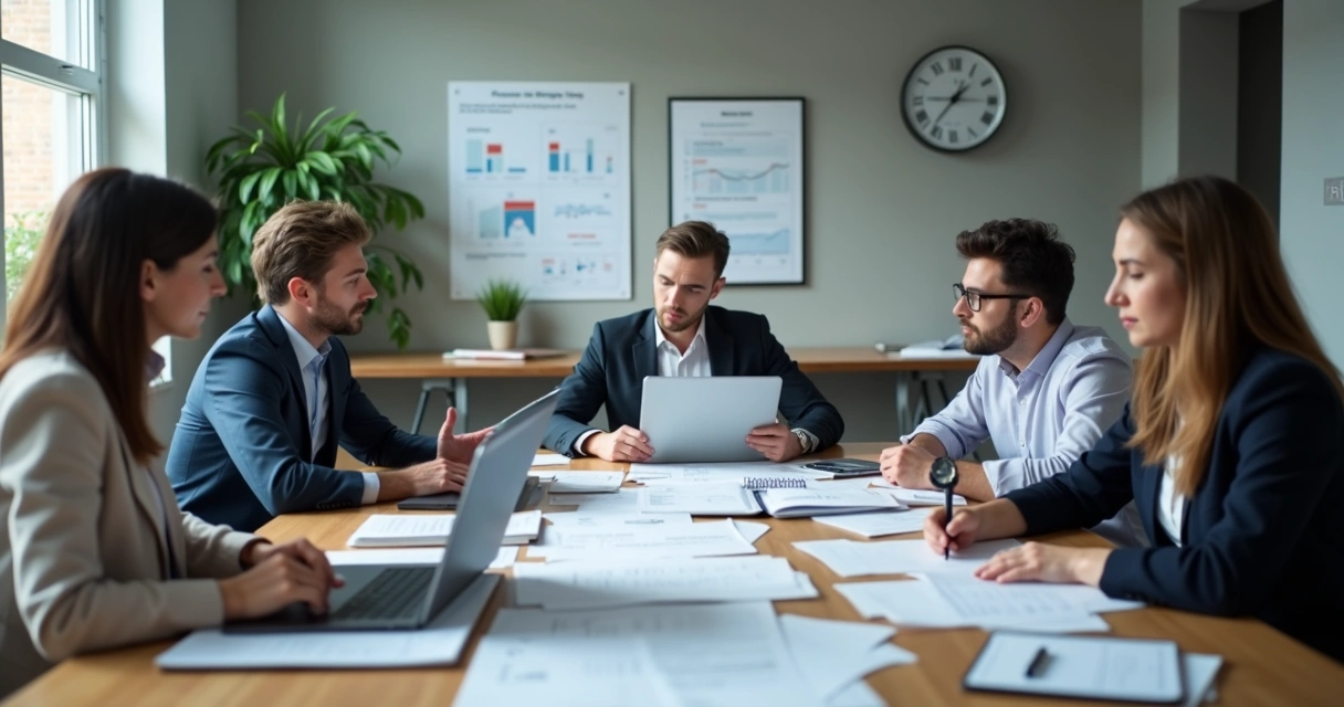 Team reviewing urgent deadline decisions in a meeting room