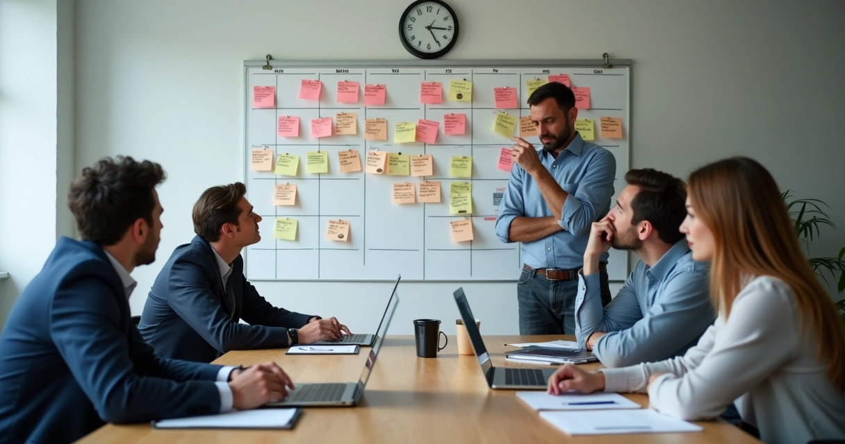 Team reviewing a deadline board in a tense office meeting 