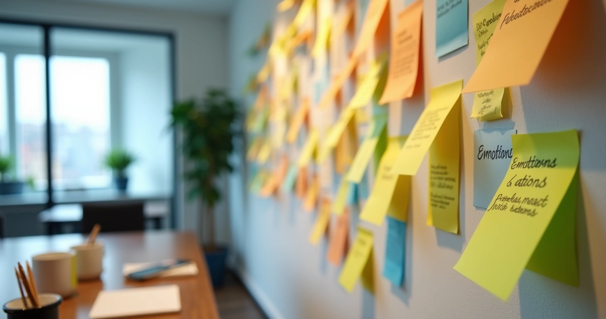 Sticky notes on a wall after a team debrief session 