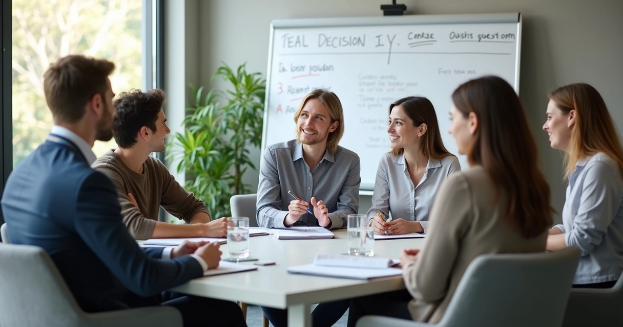 Team seated in a circle discussing a decision with notes 