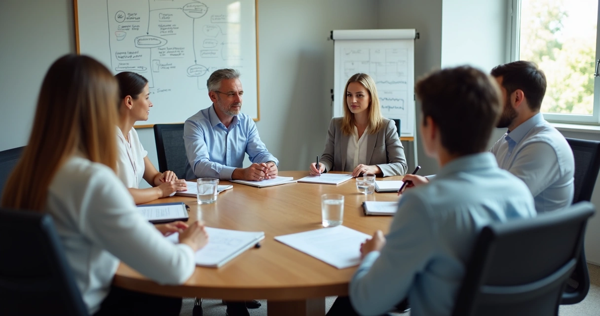 Team reviewing notes around a table during a decision meeting 