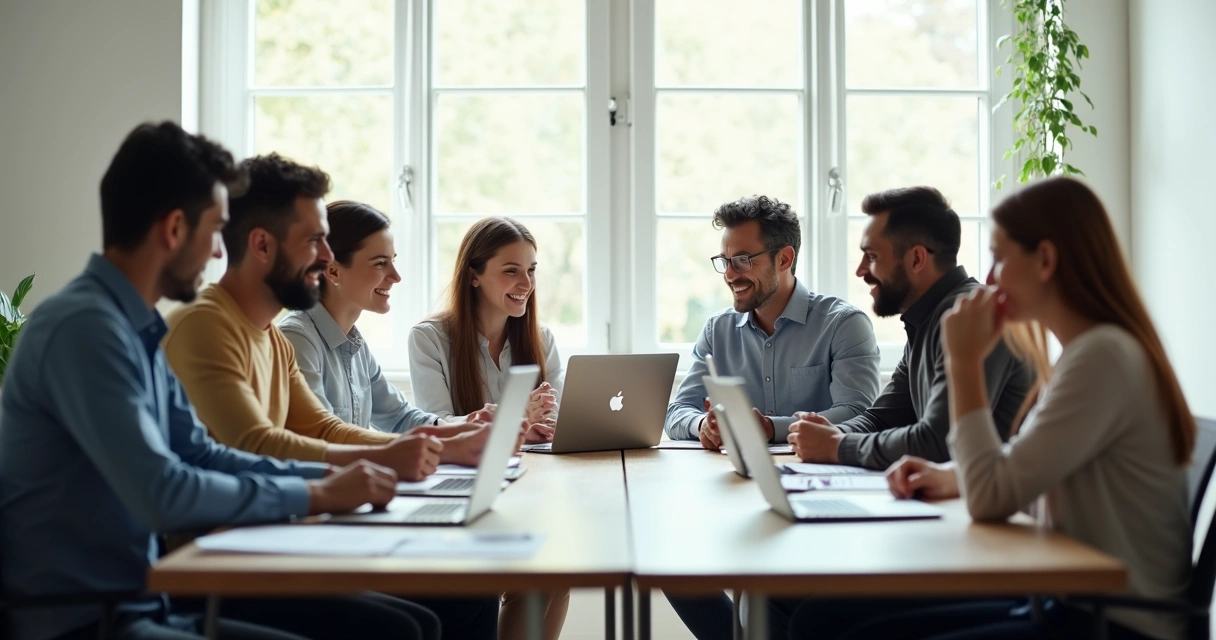 Two groups of people at a table, one actively discussing and the other silent 