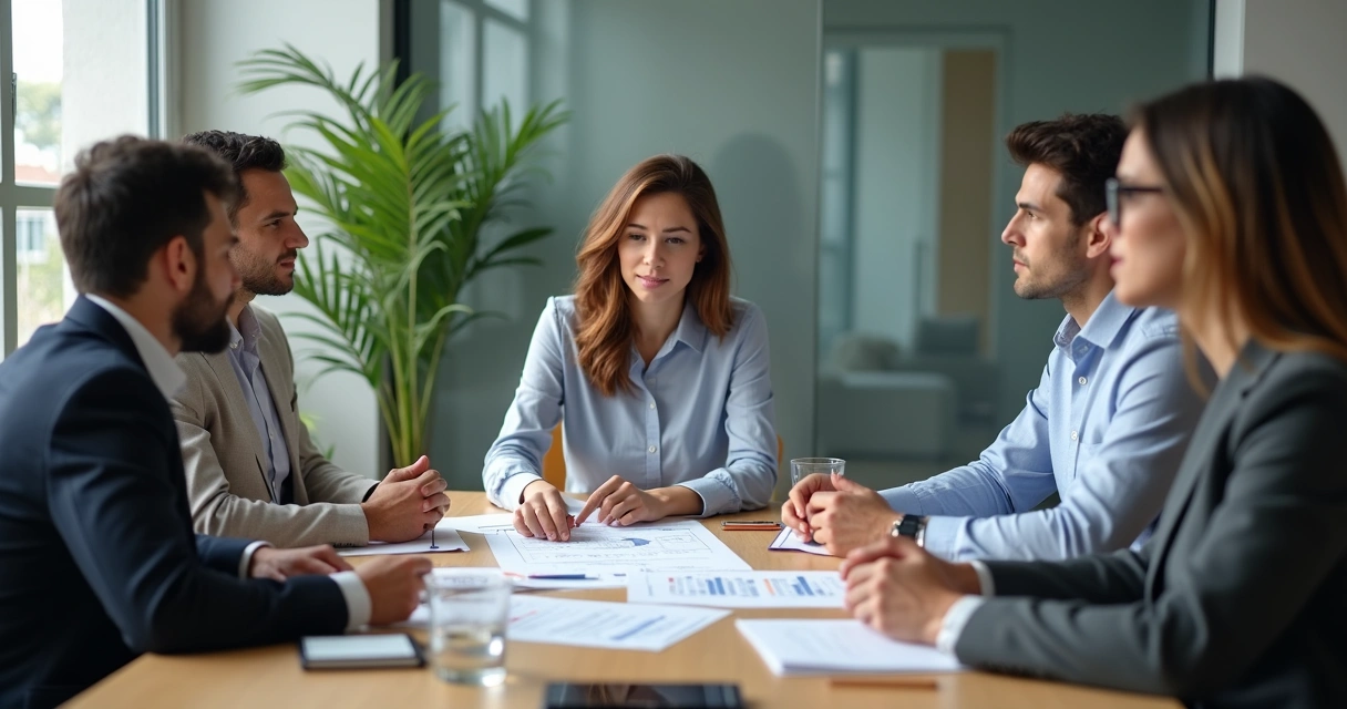 Team reviewing notes and charts in a meeting room
