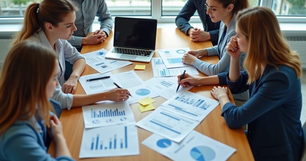Team reviewing charts and notes during a decision meeting