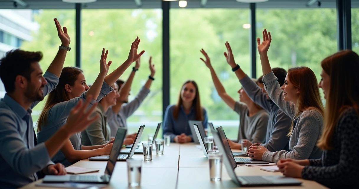Team voting on decisions by raising hands during a meeting 