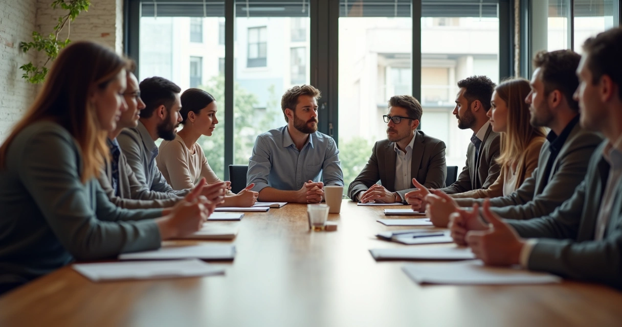 Team having a thoughtful discussion around a table 