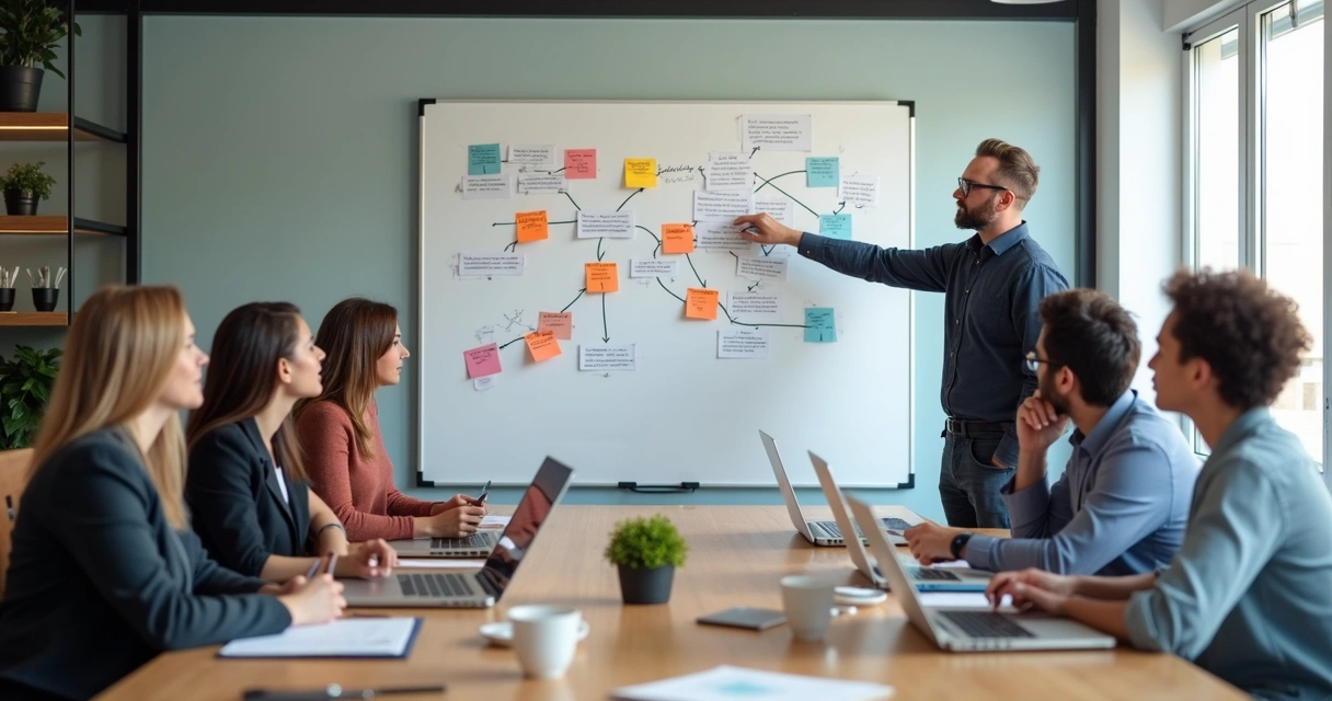 Team reviewing decision paths on a whiteboard in an office