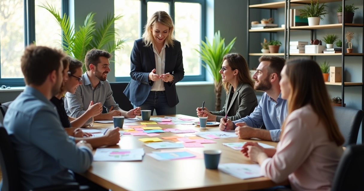 Employees sitting around a table brainstorming with notes and charts