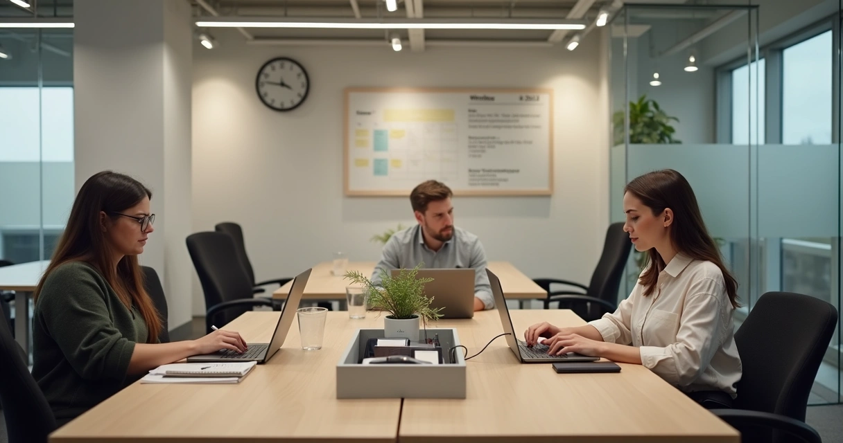 Team in quiet office using laptops during a focused work block