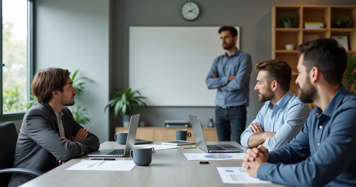 Manager observing colleagues with closed defensive body language in open office 