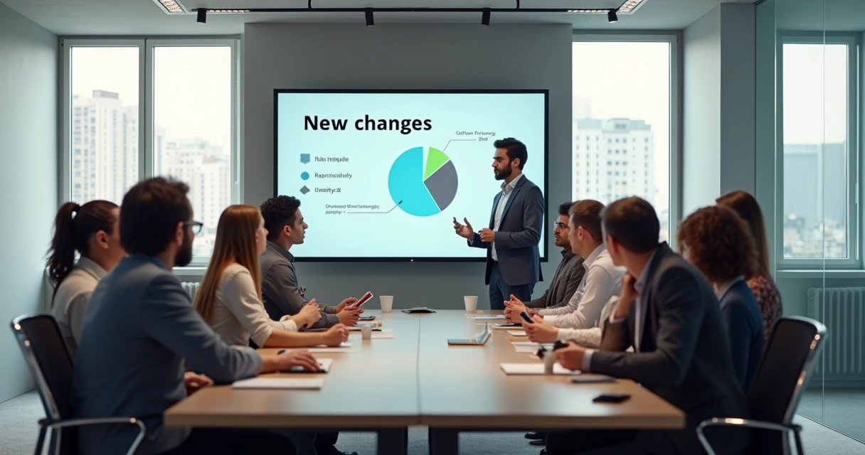 Team seated at a conference table, leader presenting change while some members look away or check their phones 
