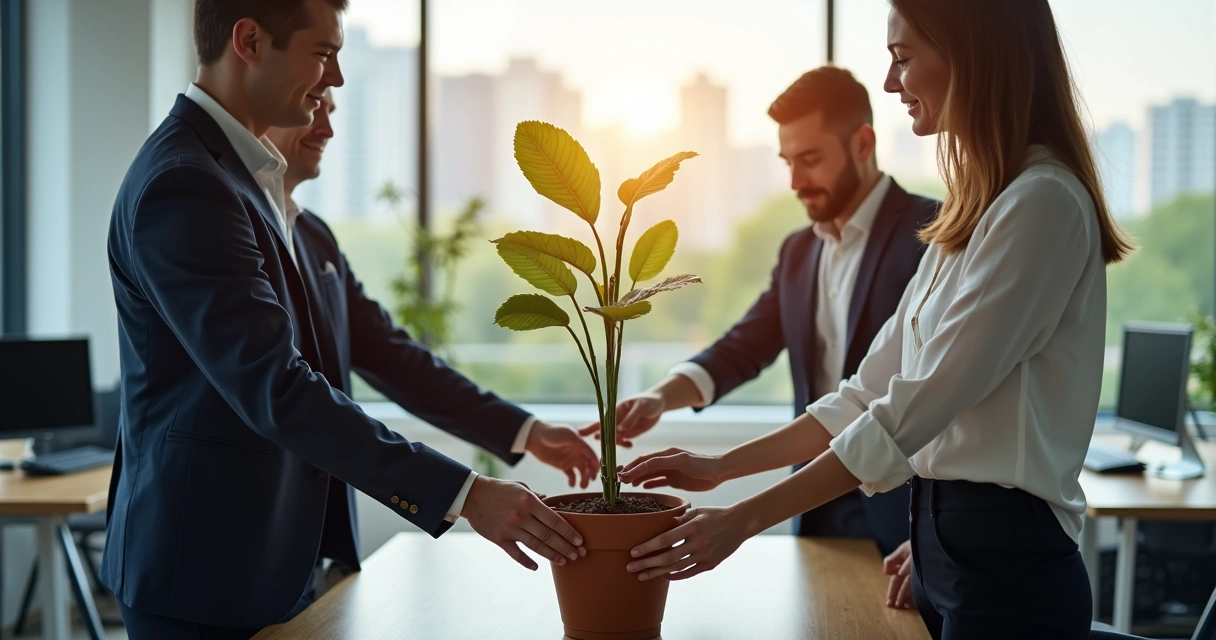 Group of employees growing a plant together in an office setting