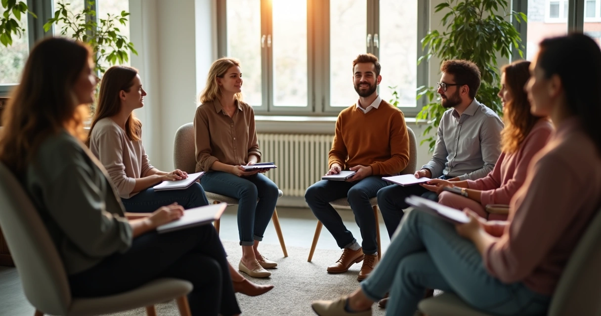Team members having an open discussion in a circle