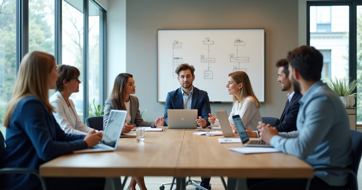 Team in a meeting sharing ideas openly around a table 