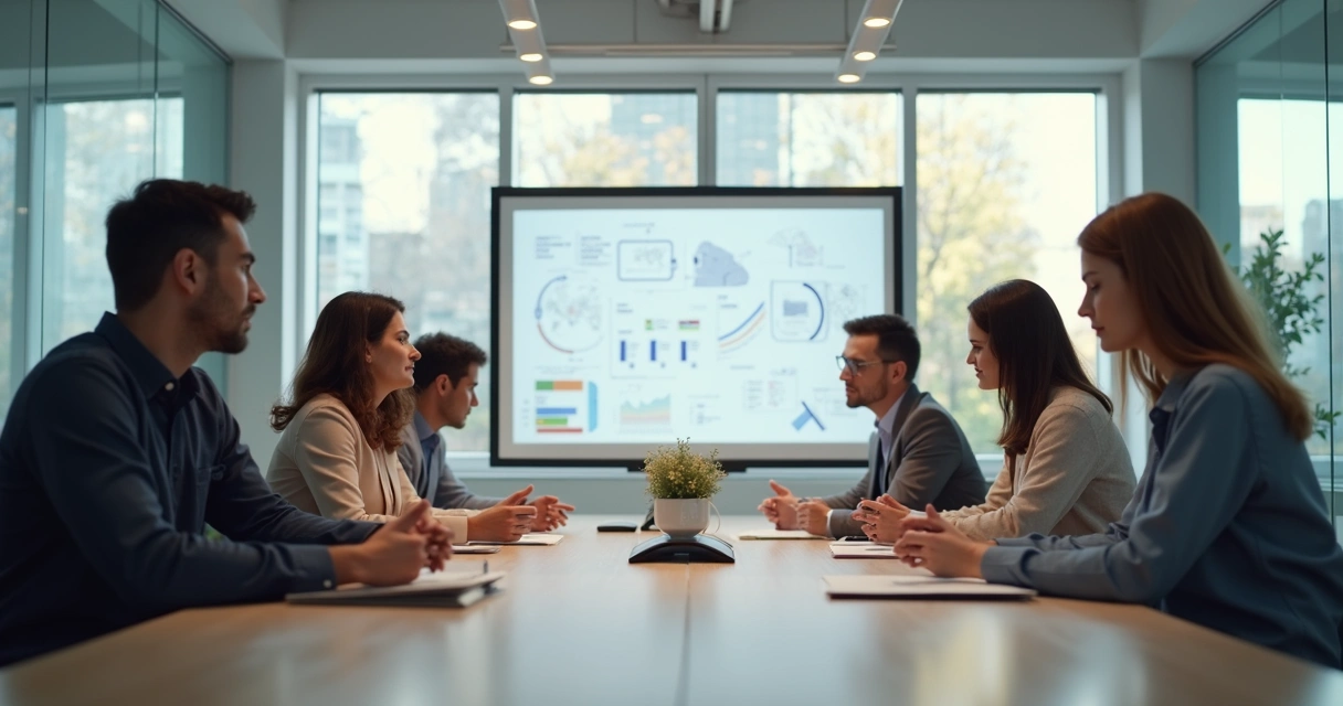 Two team subgroups facing each other across a meeting table