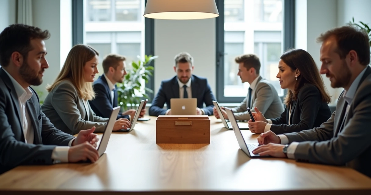 Business team placing phones in a box before a meeting 