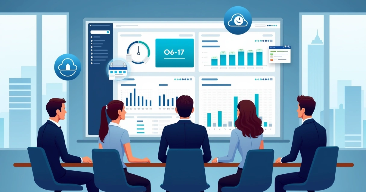 Business team looking at digital signature dashboard on a large screen in an office 