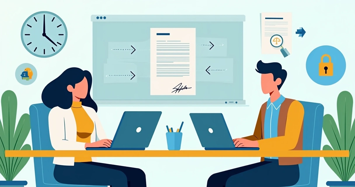 Team using digital signatures on laptops 